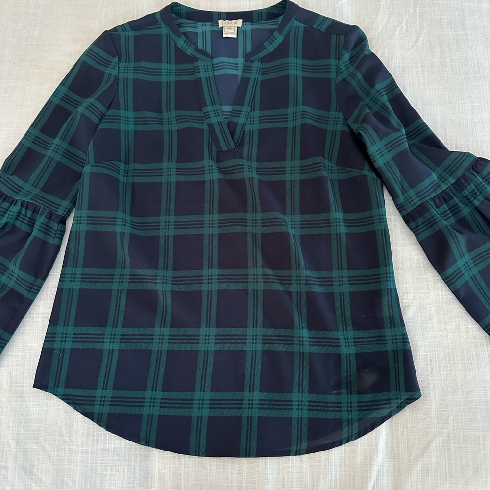 J. Crew Factory Navy and Green Plaid V-Neck Blouse